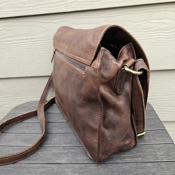 Vintage Brown Leather Crossbody Purse Flap Over Messenger Bag Made in India - Picture 6 of 16